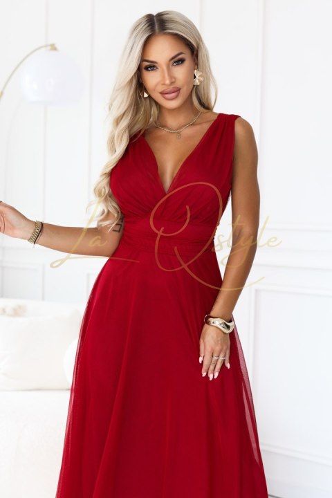 Elegancka sukienka maxi z kopertowym dekoltem i odkrytymi plecami JASNE BORDO
