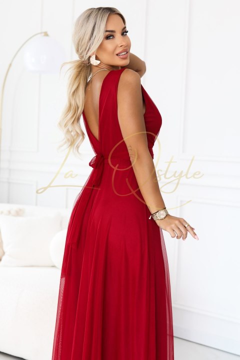 Elegancka sukienka maxi z kopertowym dekoltem i odkrytymi plecami JASNE BORDO
