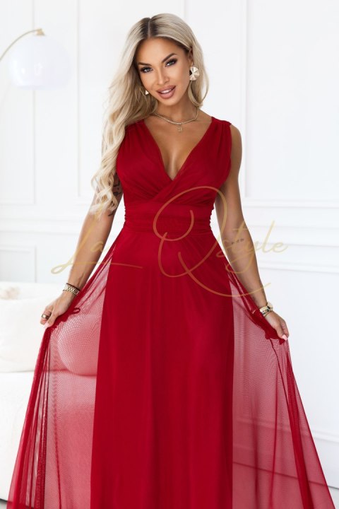 Elegancka sukienka maxi z kopertowym dekoltem i odkrytymi plecami JASNE BORDO