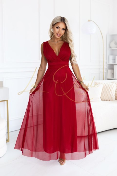 Elegancka sukienka maxi z kopertowym dekoltem i odkrytymi plecami JASNE BORDO