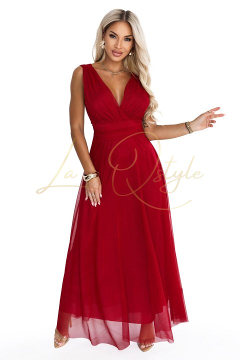 Elegancka sukienka maxi z kopertowym dekoltem i odkrytymi plecami JASNE BORDO