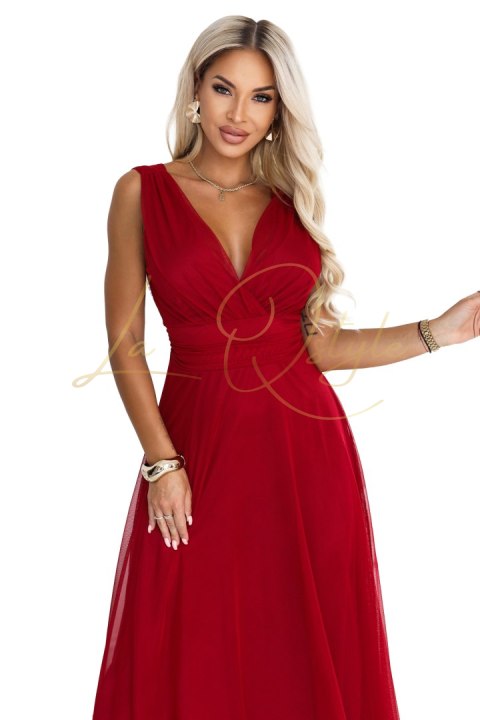 Elegancka sukienka maxi z kopertowym dekoltem i odkrytymi plecami JASNE BORDO
