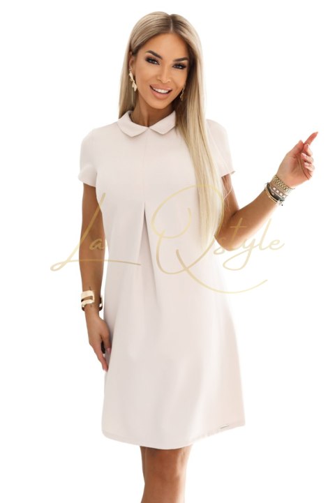 Elegancka trapezowa sukienka mini z kołnierzykiem JASNY BEŻ