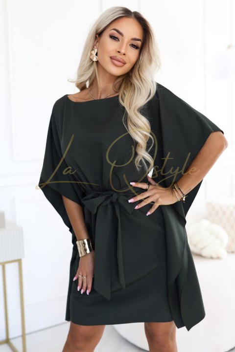287-46 SOFIA Kobieca sukienka typu motyl z wiązaniem w pasie - ciemny khaki