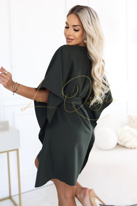 287-46 SOFIA Kobieca sukienka typu motyl z wiązaniem w pasie - ciemny khaki