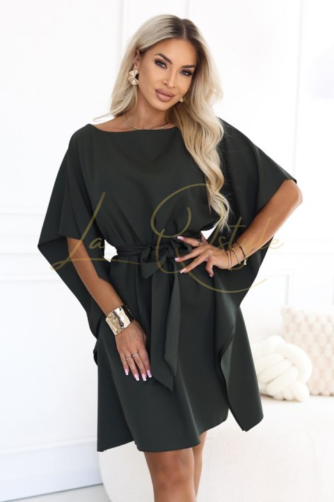 287-46 SOFIA Kobieca sukienka typu motyl z wiązaniem w pasie - ciemny khaki