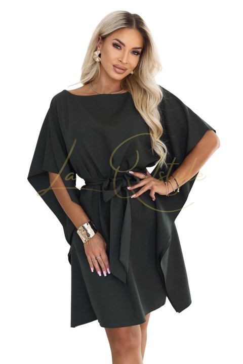 287-46 SOFIA Kobieca sukienka typu motyl z wiązaniem w pasie - ciemny khaki