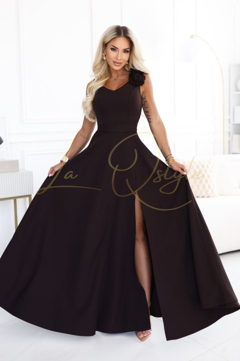 643-10 Elegancka wieczorowa suknia maxi z rozcięciem i różami - czekoladowy brąz