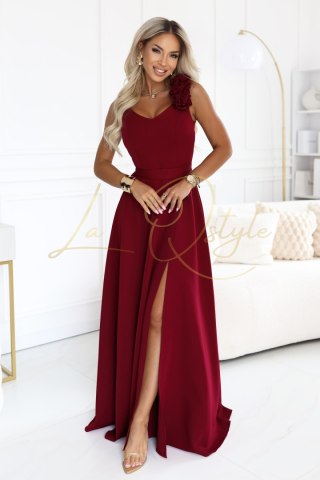 Elegancka wieczorowa suknia maxi z rozcięciem i różami BORDOWA