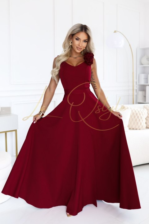Elegancka wieczorowa suknia maxi z rozcięciem i różami BORDOWA