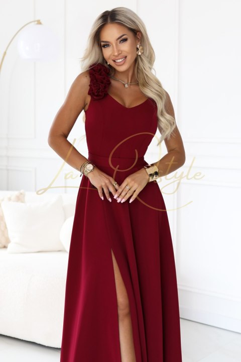 Elegancka wieczorowa suknia maxi z rozcięciem i różami BORDOWA
