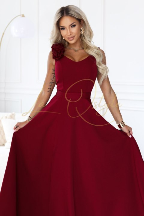 Elegancka wieczorowa suknia maxi z rozcięciem i różami BORDOWA