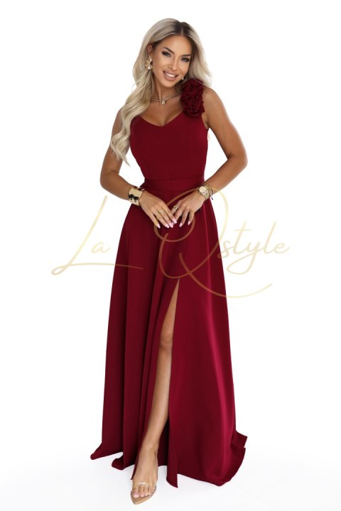 Elegancka wieczorowa suknia maxi z rozcięciem i różami BORDOWA