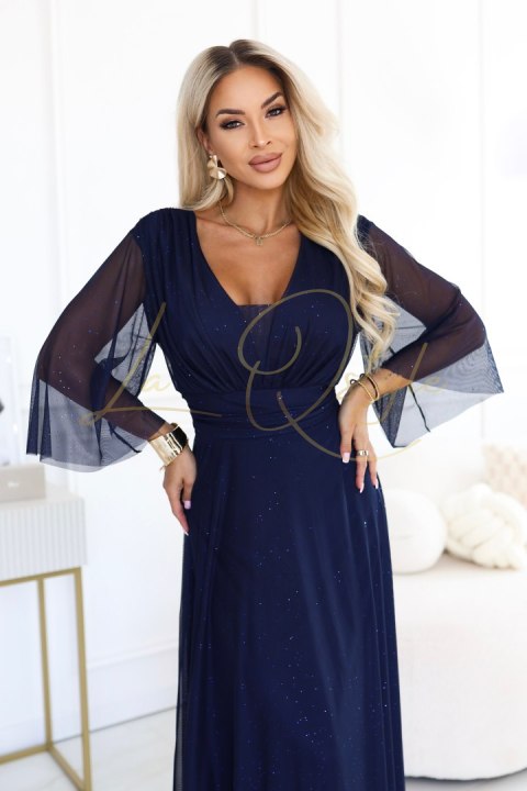 654-7 Długa połyskująca sukienka plus size z dekoltem i transparentnym rękawkiem - granatowa