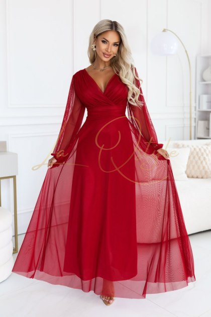 NERISSA elegancka tiulowa sukienka maxi z kopertowym dekoltem JASNE BORDO
