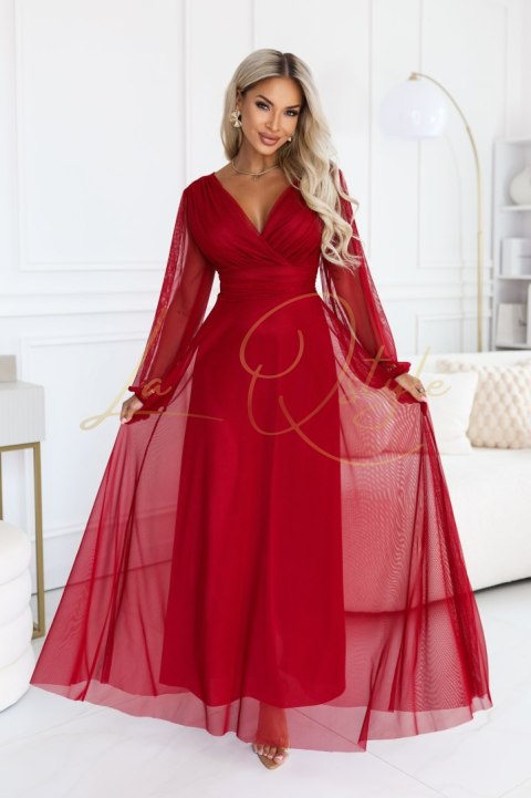 Elegancka tiulowa sukienka maxi z kopertowym dekoltem JASNE BORDO