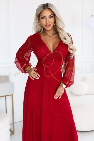NERISSA elegancka tiulowa sukienka maxi z kopertowym dekoltem JASNE BORDO