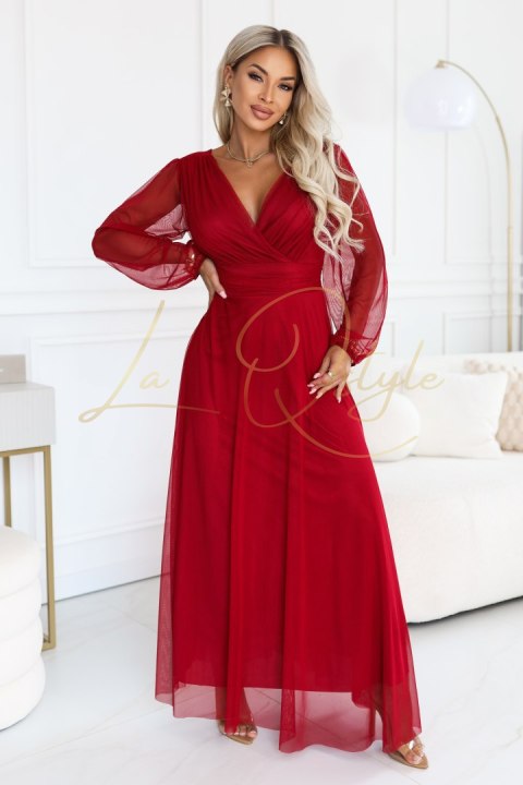 Elegancka tiulowa sukienka maxi z kopertowym dekoltem JASNE BORDO