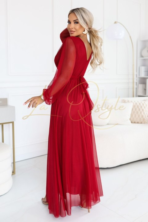 Elegancka tiulowa sukienka maxi z kopertowym dekoltem JASNE BORDO