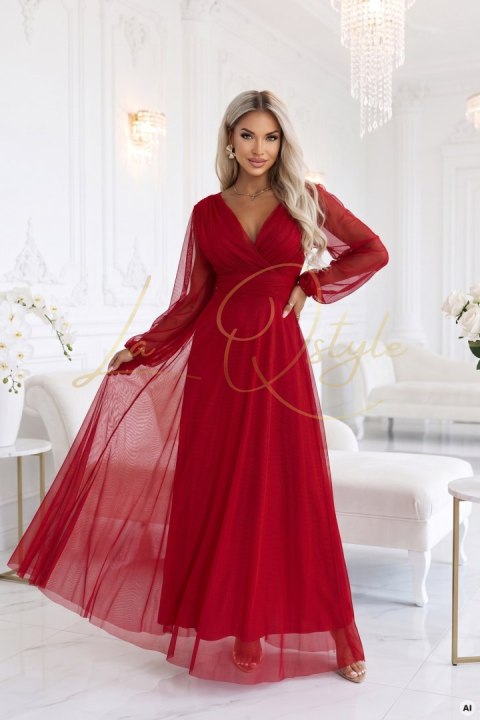 Elegancka tiulowa sukienka maxi z kopertowym dekoltem JASNE BORDO