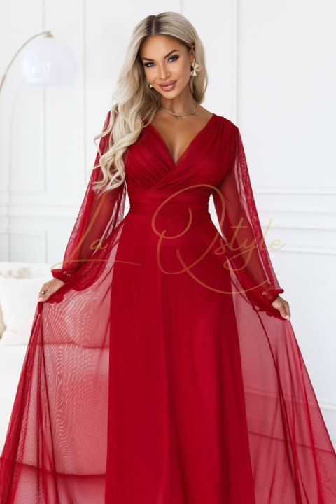 Elegancka tiulowa sukienka maxi z kopertowym dekoltem JASNE BORDO