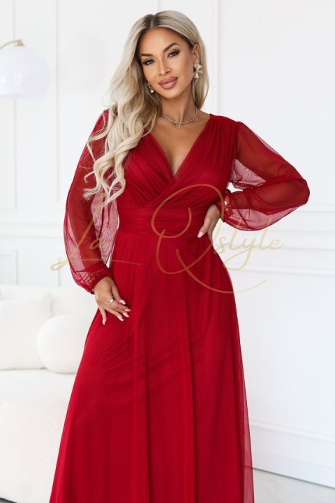 Elegancka tiulowa sukienka maxi z kopertowym dekoltem JASNE BORDO