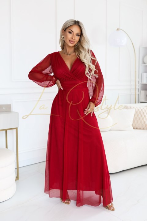 Elegancka tiulowa sukienka maxi z kopertowym dekoltem JASNE BORDO