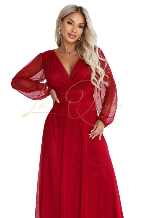 Elegancka tiulowa sukienka maxi z kopertowym dekoltem JASNE BORDO