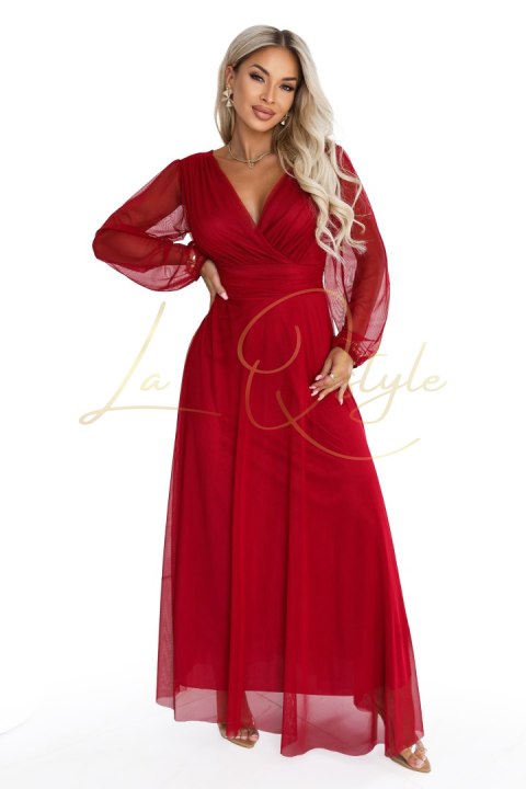 Elegancka tiulowa sukienka maxi z kopertowym dekoltem JASNE BORDO