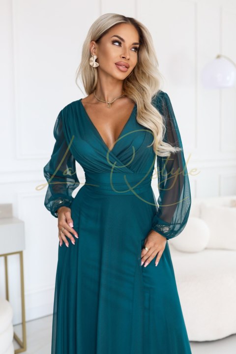 Elegancka tiulowa sukienka maxi z kopertowym dekoltem ZIELEŃ