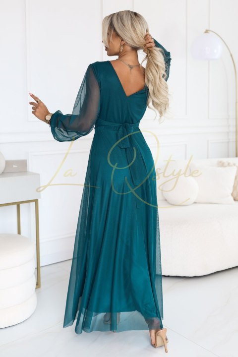 Elegancka tiulowa sukienka maxi z kopertowym dekoltem ZIELEŃ