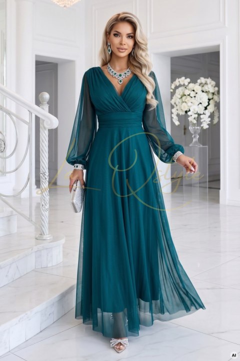 Elegancka tiulowa sukienka maxi z kopertowym dekoltem ZIELEŃ