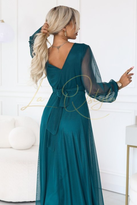 Elegancka tiulowa sukienka maxi z kopertowym dekoltem ZIELEŃ