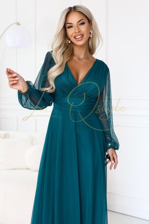 Elegancka tiulowa sukienka maxi z kopertowym dekoltem ZIELEŃ