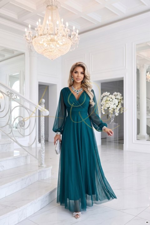 Elegancka tiulowa sukienka maxi z kopertowym dekoltem ZIELEŃ