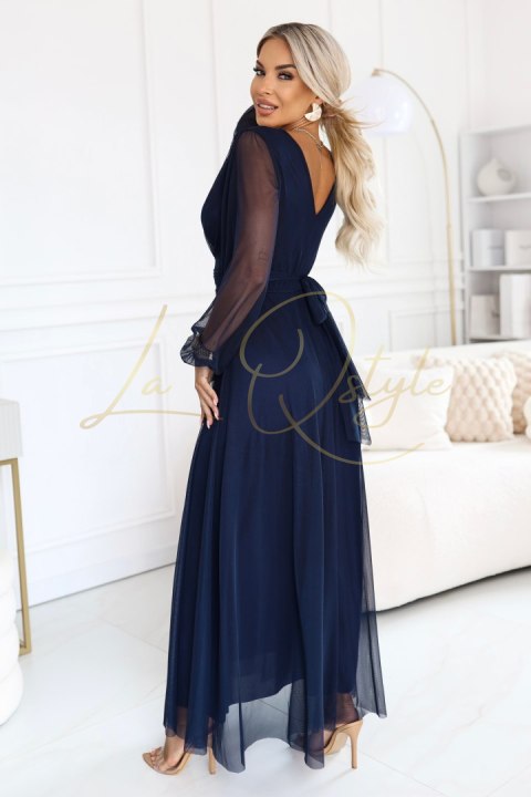 684-3 NERISSA elegancka tiulowa sukienka maxi z kopertowym dekoltem - granatowa