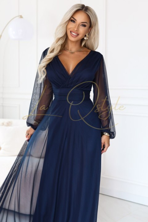 684-3 NERISSA elegancka tiulowa sukienka maxi z kopertowym dekoltem - granatowa