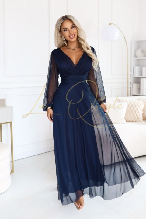 684-3 NERISSA elegancka tiulowa sukienka maxi z kopertowym dekoltem - granatowa