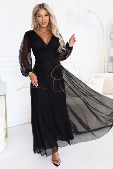 Elegancka tiulowa sukienka maxi z kopertowym dekoltem CZARNA