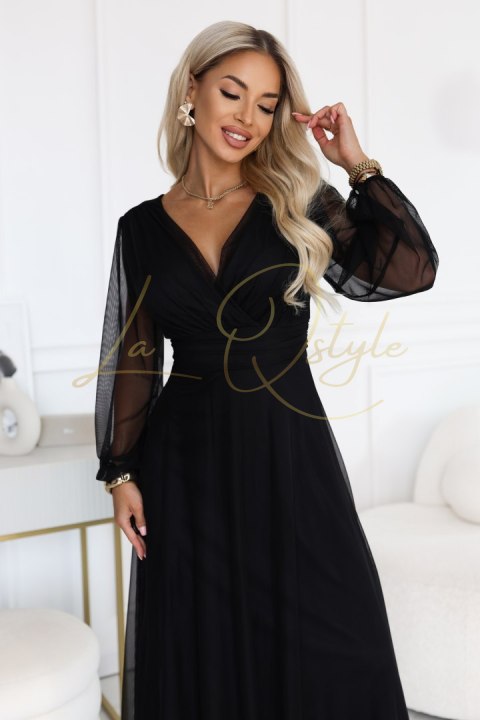 Elegancka tiulowa sukienka maxi z kopertowym dekoltem CZARNA