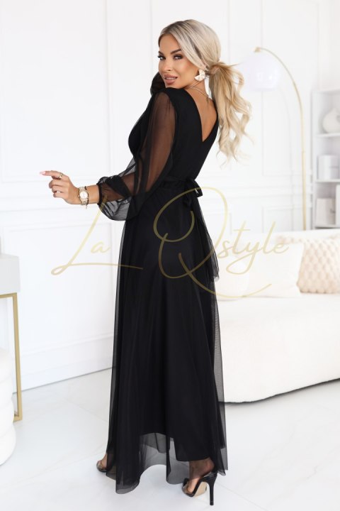 Elegancka tiulowa sukienka maxi z kopertowym dekoltem CZARNA