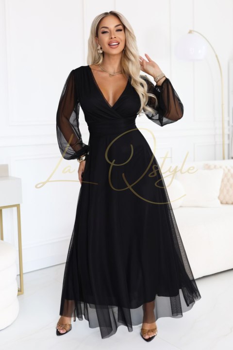 Elegancka tiulowa sukienka maxi z kopertowym dekoltem CZARNA