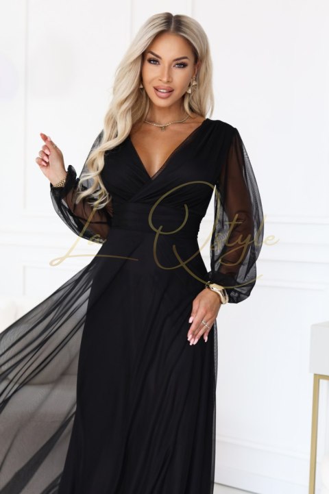 Elegancka tiulowa sukienka maxi z kopertowym dekoltem CZARNA