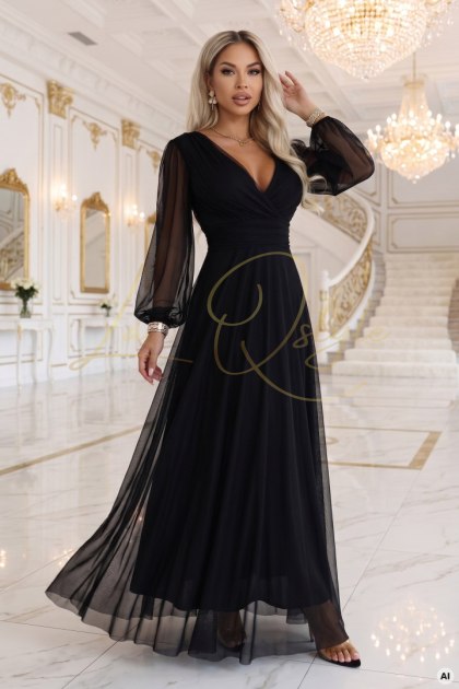 NERISSA elegancka tiulowa sukienka maxi z kopertowym dekoltem CZARNA