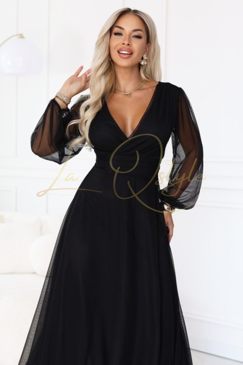 Elegancka tiulowa sukienka maxi z kopertowym dekoltem CZARNA