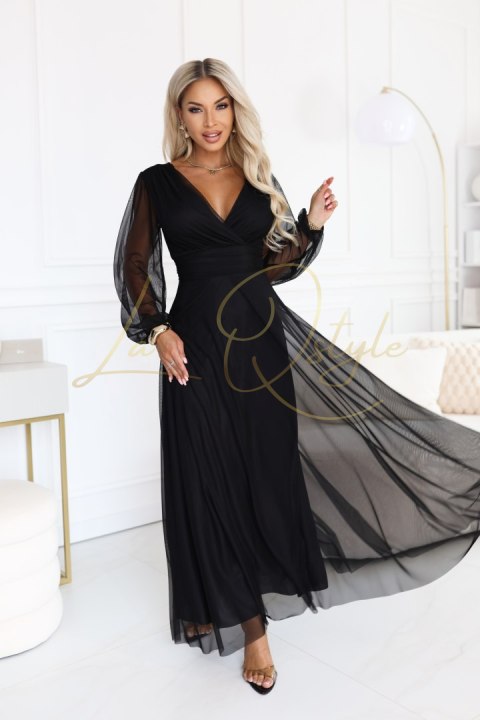 Elegancka tiulowa sukienka maxi z kopertowym dekoltem CZARNA