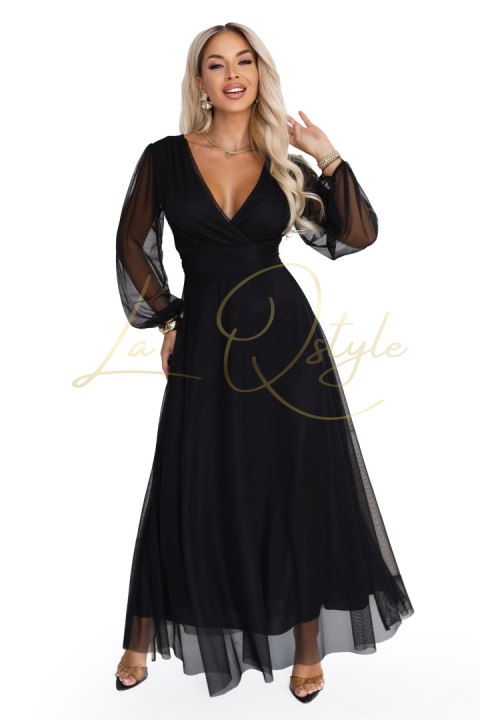 Elegancka tiulowa sukienka maxi z kopertowym dekoltem CZARNA