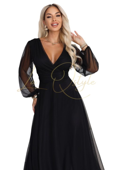 Elegancka tiulowa sukienka maxi z kopertowym dekoltem CZARNA