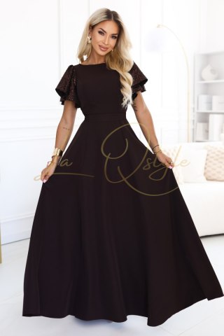 MIRELLA Elegancka rozkloszowana sukienka maxi z cekinowymi rękawami CZEKOLADOWY BRĄZ