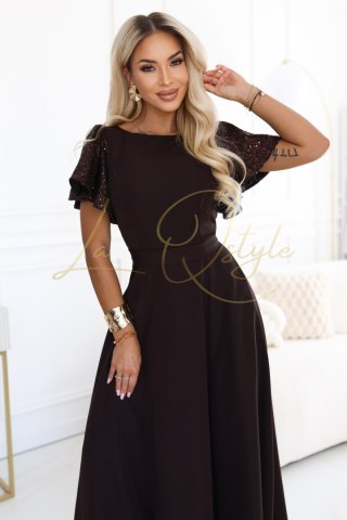 MIRELLA Elegancka rozkloszowana sukienka maxi z cekinowymi rękawami CZEKOLADOWY BRĄZ